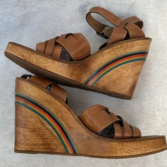 Steve Madden Brown Braided Leather Wood Rainbow Wedges