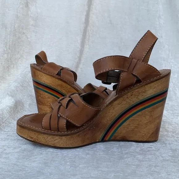 Steve Madden Brown Braided Leather Wood Rainbow Wedges