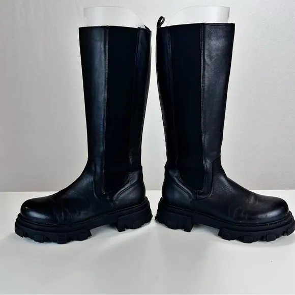 Steve Madden Esma Knee High Boots Sz 10 Black Leather Biker Grunge Retro Chunky