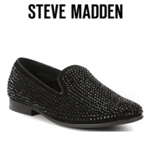STEVE MADDEN UNISEX CAVIATO RHINESTONE COVERED SLIP ON BLACK SUEDE LOAFERS