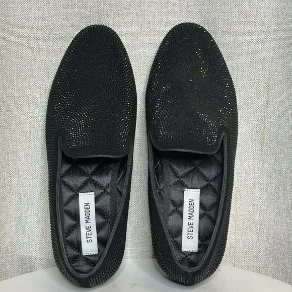 STEVE MADDEN UNISEX CAVIATO RHINESTONE COVERED SLIP ON BLACK SUEDE LOAFERS