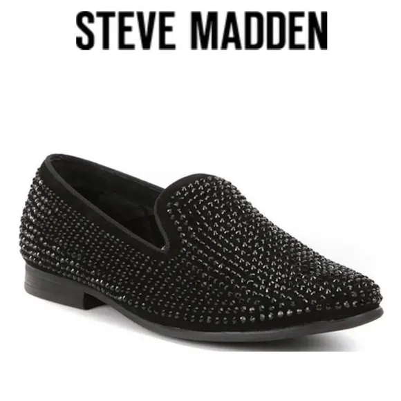 STEVE MADDEN UNISEX CAVIATO RHINESTONE COVERED SLIP ON BLACK SUEDE LOAFERS