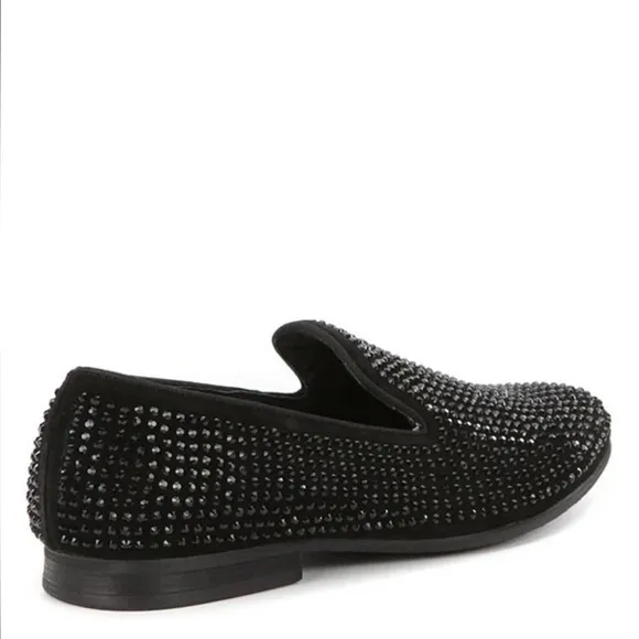 STEVE MADDEN UNISEX CAVIATO RHINESTONE COVERED SLIP ON BLACK SUEDE LOAFERS