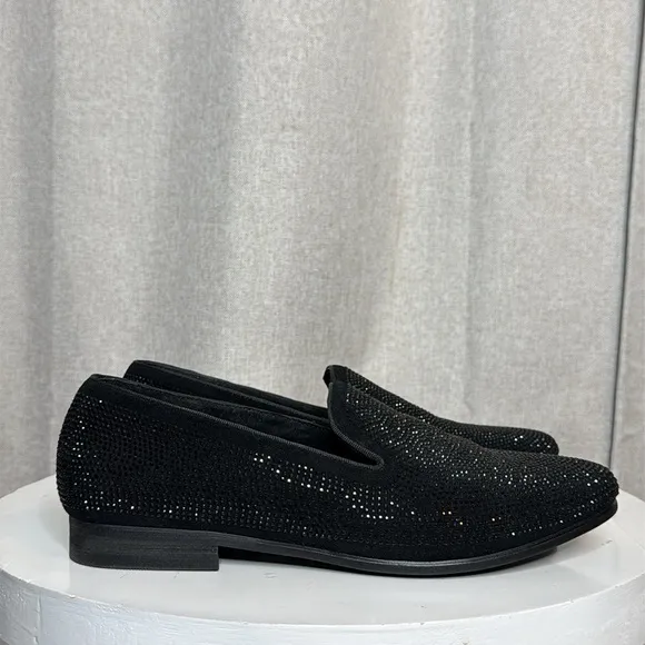 STEVE MADDEN UNISEX CAVIATO RHINESTONE COVERED SLIP ON BLACK SUEDE LOAFERS
