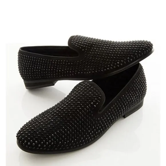 STEVE MADDEN UNISEX CAVIATO RHINESTONE COVERED SLIP ON BLACK SUEDE LOAFERS