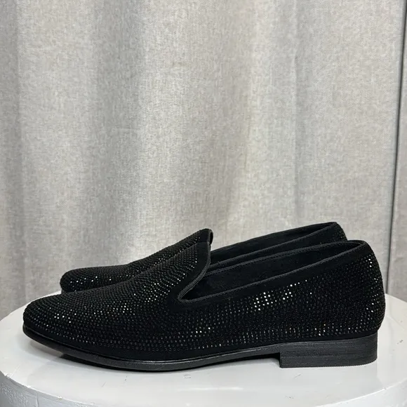 STEVE MADDEN UNISEX CAVIATO RHINESTONE COVERED SLIP ON BLACK SUEDE LOAFERS