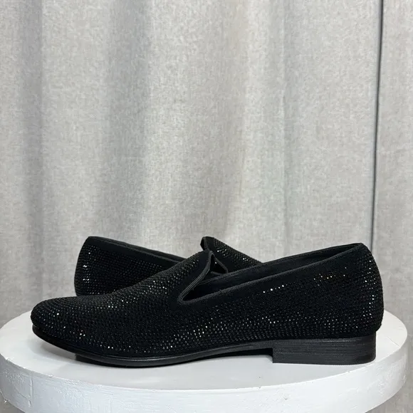 STEVE MADDEN UNISEX CAVIATO RHINESTONE COVERED SLIP ON BLACK SUEDE LOAFERS