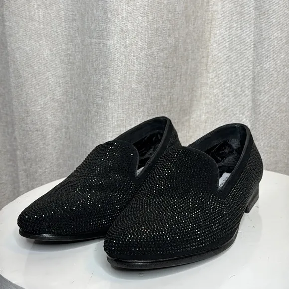 STEVE MADDEN UNISEX CAVIATO RHINESTONE COVERED SLIP ON BLACK SUEDE LOAFERS