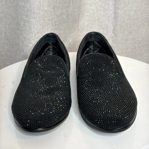 STEVE MADDEN UNISEX CAVIATO RHINESTONE COVERED SLIP ON BLACK SUEDE LOAFERS