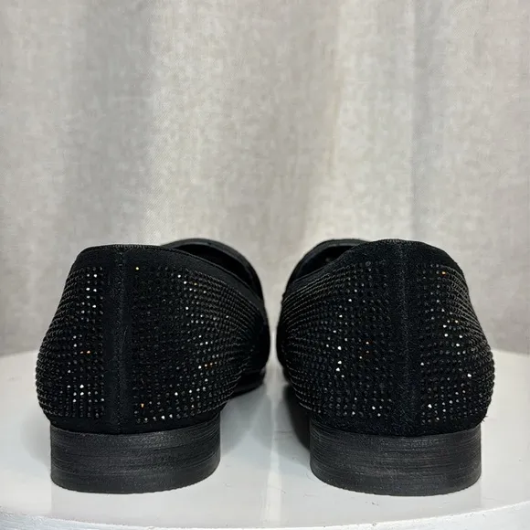 STEVE MADDEN UNISEX CAVIATO RHINESTONE COVERED SLIP ON BLACK SUEDE LOAFERS