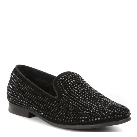 STEVE MADDEN UNISEX CAVIATO RHINESTONE COVERED SLIP ON BLACK SUEDE LOAFERS