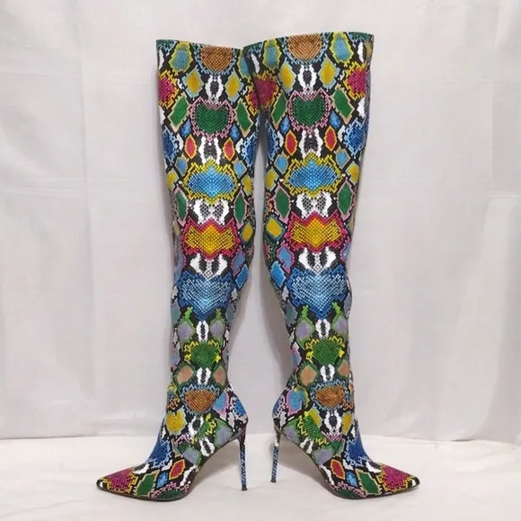 Steve Madden Vava Multicolored Snakes Print Stiletto Thigh High Boots US 9.5