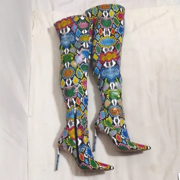 Steve Madden Vava Multicolored Snakes Print Stiletto Thigh High Boots US 9.5