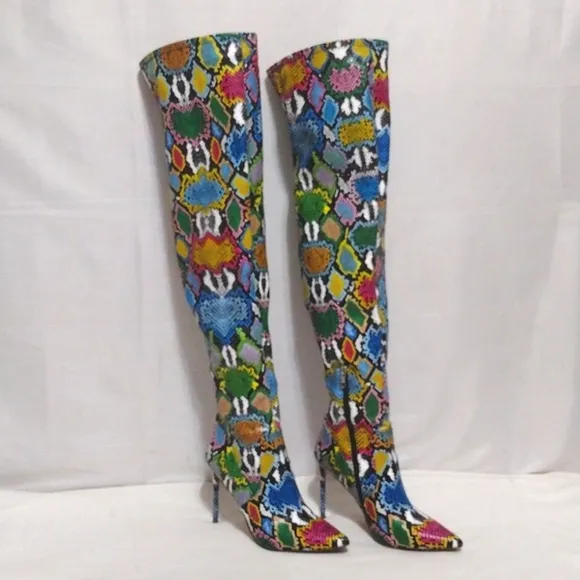 Steve Madden Vava Multicolored Snakes Print Stiletto Thigh High Boots US 9.5
