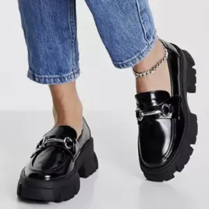 STEVE MADDEN Womens Black 1-1/2&quot; Platform Trifecta Slip On Loafers Size 9.5