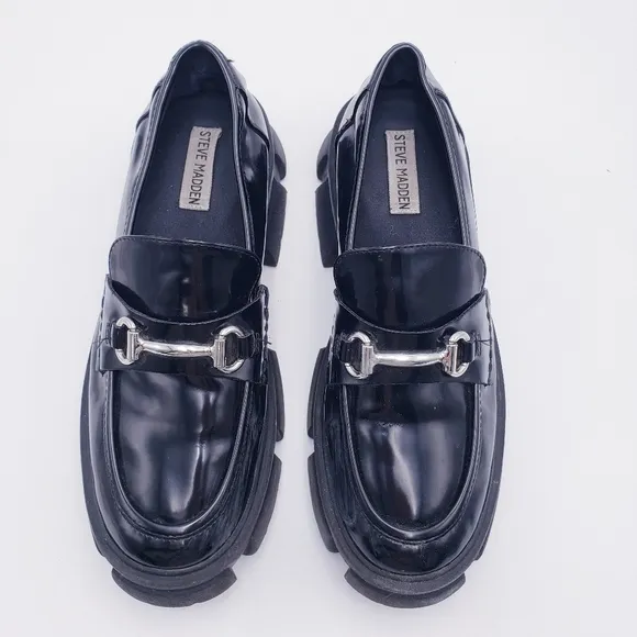 STEVE MADDEN Womens Black 1-1/2&quot; Platform Trifecta Slip On Loafers Size 9.5