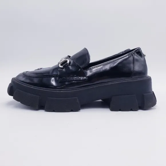 STEVE MADDEN Womens Black 1-1/2&quot; Platform Trifecta Slip On Loafers Size 9.5