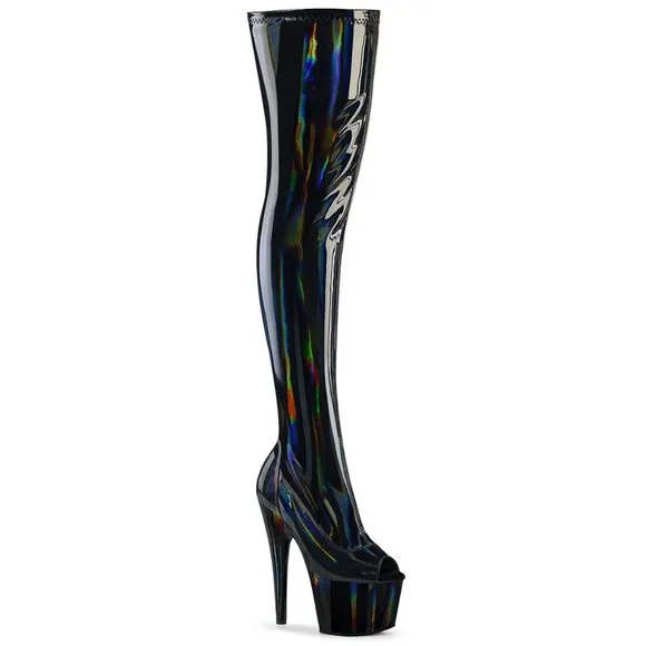 Stretch Hologram Platform Heel Thigh High Boots