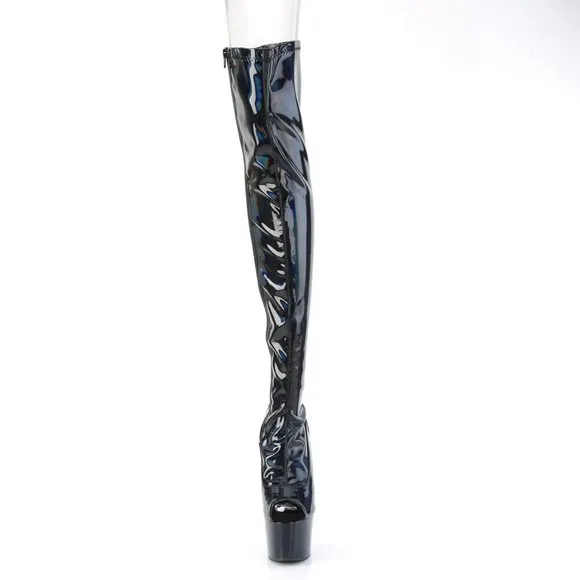 Stretch Hologram Platform Heel Thigh High Boots