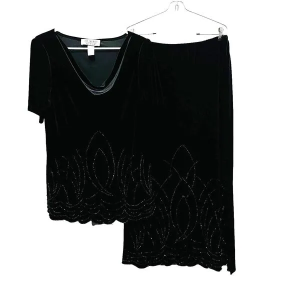 Stretch Velvet 90s Skirt Set Drape Neck Beaded Black Goth Goddess Witchy 14 W