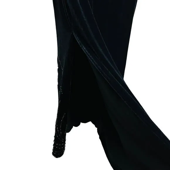 Stretch Velvet 90s Skirt Set Drape Neck Beaded Black Goth Goddess Witchy 14 W