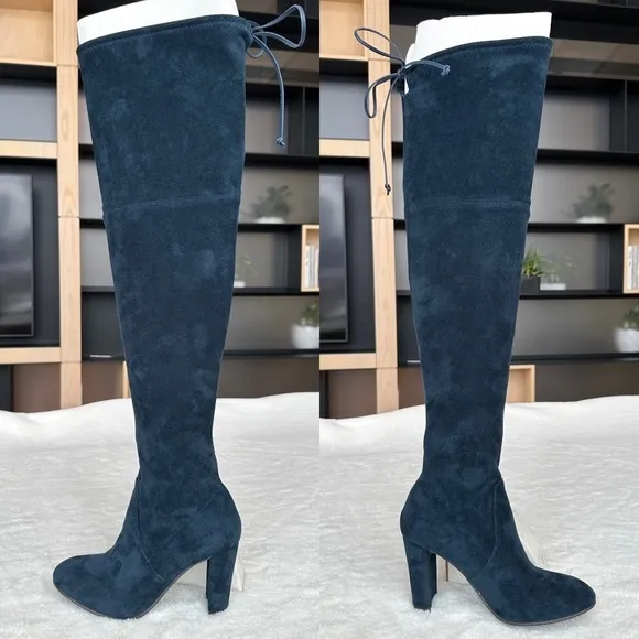 Stuart Weitzman 235 mm Stretch Velvet Navy Green Over Knee Boots EU 37 US 7