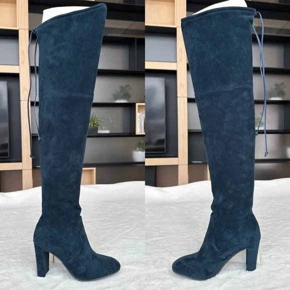 Stuart Weitzman 235 mm Stretch Velvet Navy Green Over Knee Boots EU 37 US 7