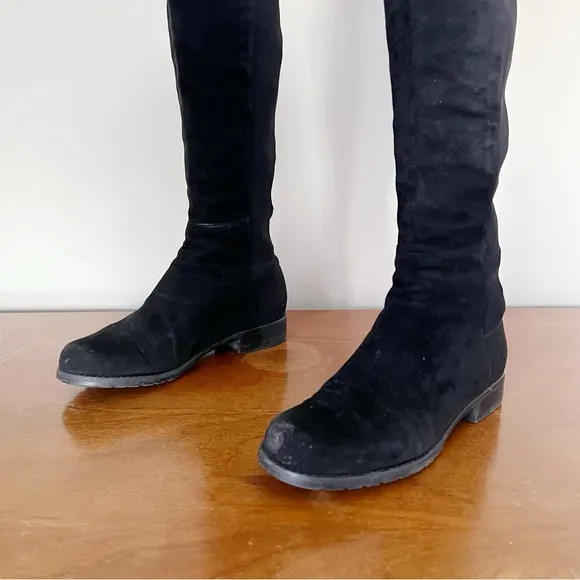 Stuart Weitzman • 5050 Stretch Suede Boots black tall low heel knee high otk