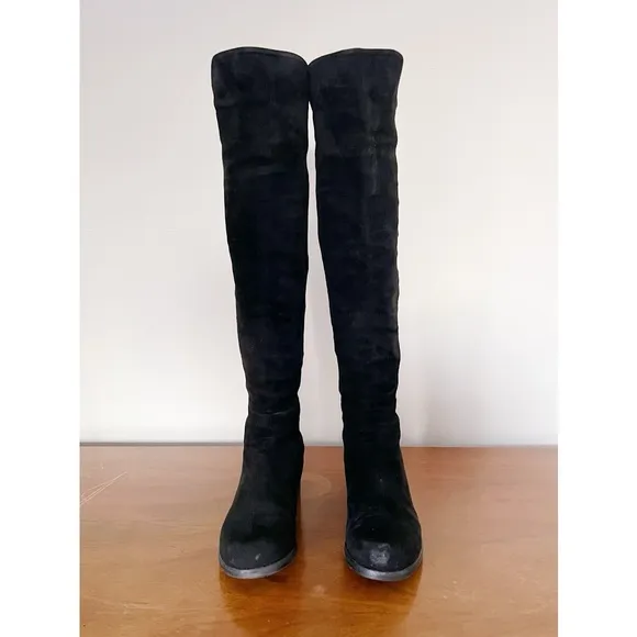 Stuart Weitzman • 5050 Stretch Suede Boots black tall low heel knee high otk
