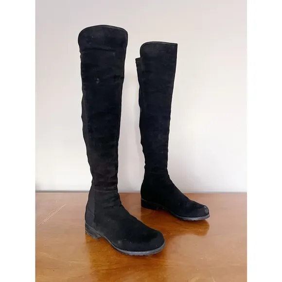 Stuart Weitzman • 5050 Stretch Suede Boots black tall low heel knee high otk