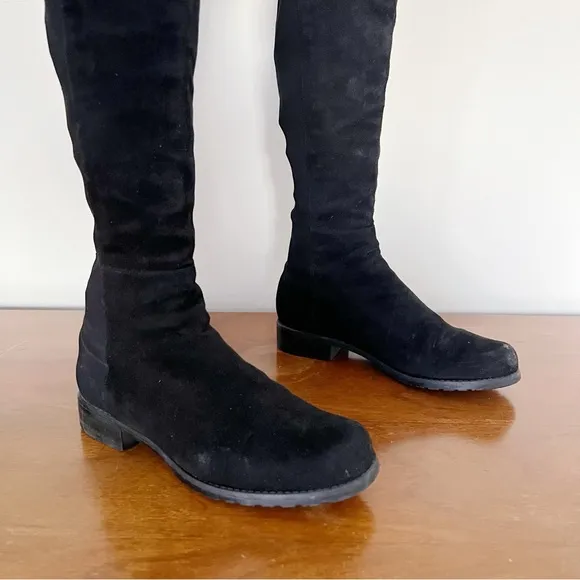 Stuart Weitzman • 5050 Stretch Suede Boots black tall low heel knee high otk