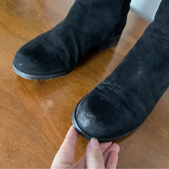 Stuart Weitzman • 5050 Stretch Suede Boots black tall low heel knee high otk