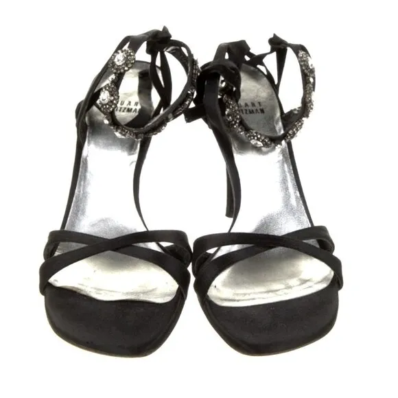 Stuart Weitzman 8 Suede CRYSTAL Sandals Ankle Tie Strappy Stiletto Heels Black