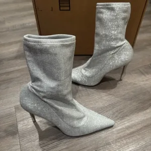 Stuart Weitzman 85 Stretch Sequin Ankle Sock Point Toe Bootie Boots