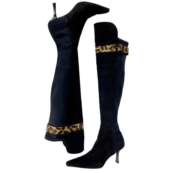 STUART WEITZMAN 97665 CLASSIC SUEDE LEOPARD TRIM OVER THE KNEE HEELED BOOTS