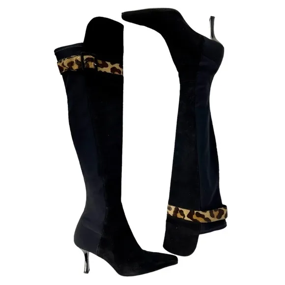 STUART WEITZMAN 97665 CLASSIC SUEDE LEOPARD TRIM OVER THE KNEE HEELED BOOTS