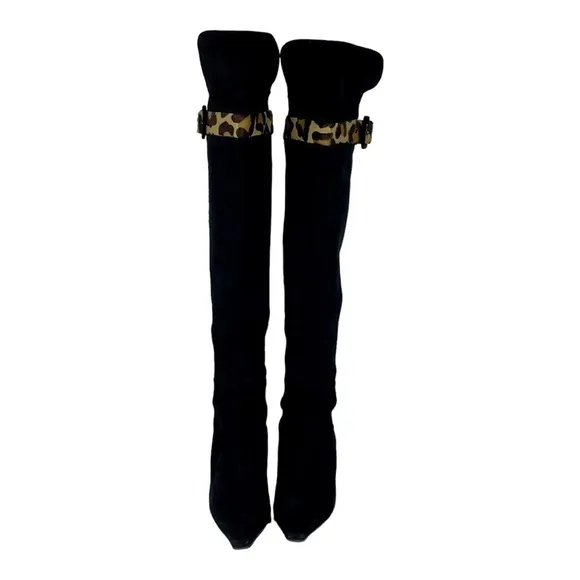 STUART WEITZMAN 97665 CLASSIC SUEDE LEOPARD TRIM OVER THE KNEE HEELED BOOTS