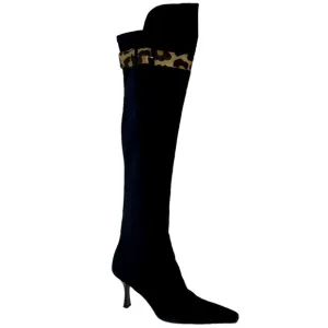 STUART WEITZMAN 97665 CLASSIC SUEDE LEOPARD TRIM OVER THE KNEE HEELED BOOTS