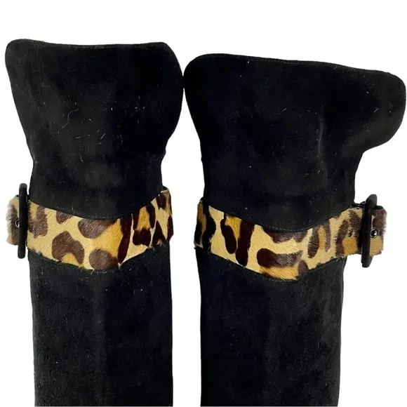 STUART WEITZMAN 97665 CLASSIC SUEDE LEOPARD TRIM OVER THE KNEE HEELED BOOTS