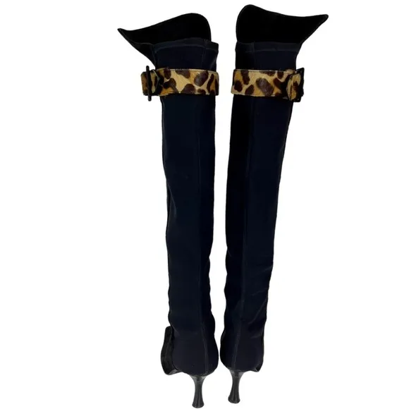 STUART WEITZMAN 97665 CLASSIC SUEDE LEOPARD TRIM OVER THE KNEE HEELED BOOTS