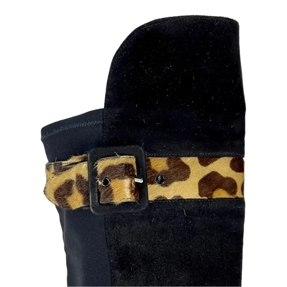 STUART WEITZMAN 97665 CLASSIC SUEDE LEOPARD TRIM OVER THE KNEE HEELED BOOTS