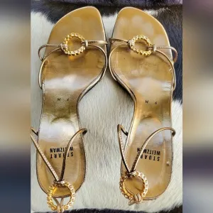 STUART WEITZMAN AUTH $299 Women Gold Leather Ice Rink Open Toe Sandals Sz 9