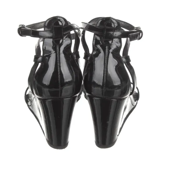 Stuart Weitzman Black Patent Open Toe Strappy Sandals Wedge size 7