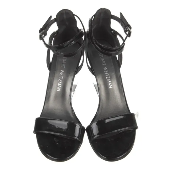 Stuart Weitzman Black Patent Open Toe Strappy Sandals Wedge size 7