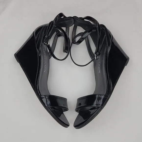 Stuart Weitzman Black Patent Open Toe Strappy Sandals Wedge size 7