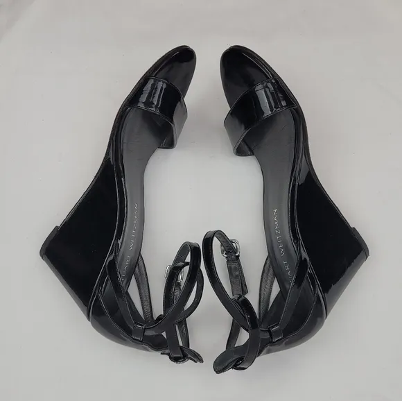 Stuart Weitzman Black Patent Open Toe Strappy Sandals Wedge size 7