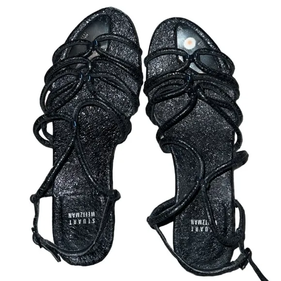 Stuart weitzman crinkle black leather gladiator strappy sandals