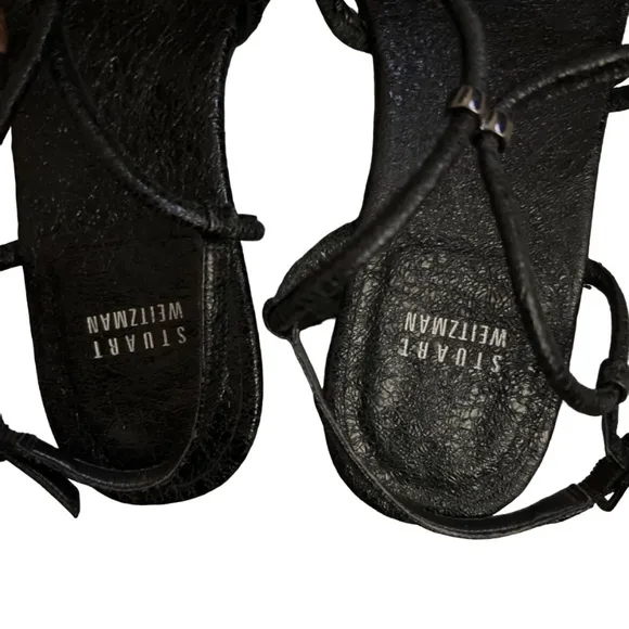 Stuart weitzman crinkle black leather gladiator strappy sandals
