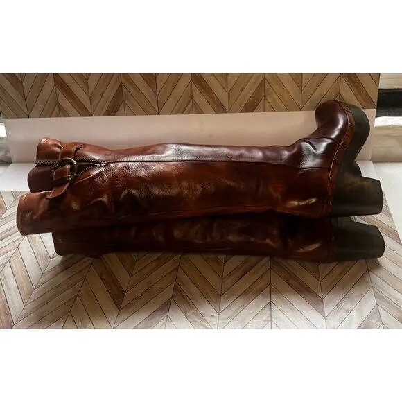 Stuart Weitzman McAllen Tall Knee High Saddle Studded Leather Boots Brown Sz 6M