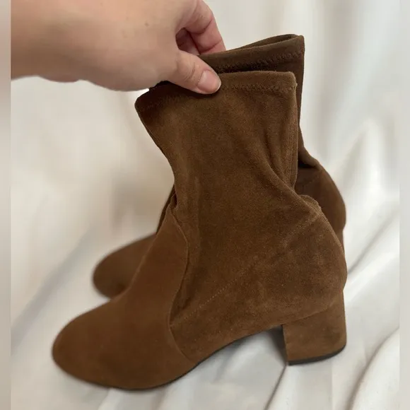 Stuart Weitzman Sofia 50 Block Heel Suede Sock Boots Brown Stretch Womens 7.5